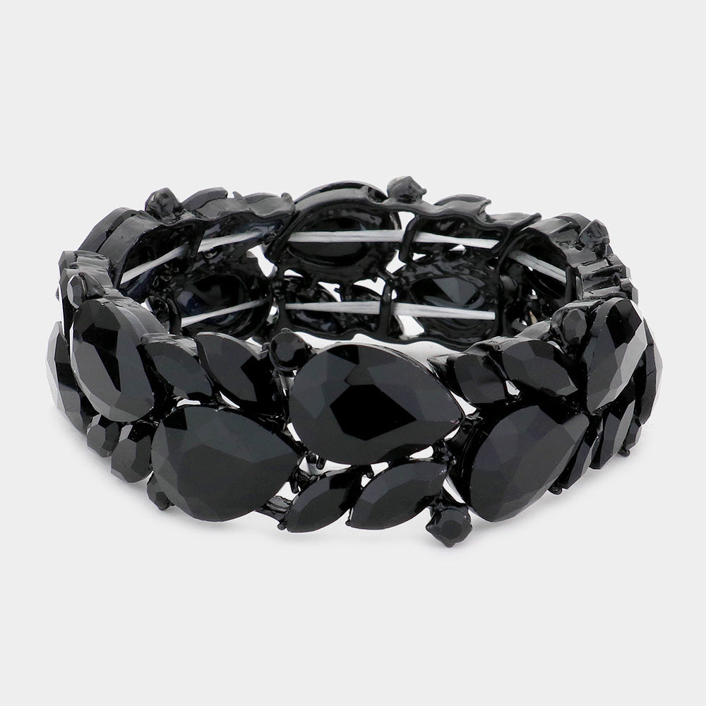 Black Teardrop and Marquise Stone Cluster Stretch Pageant Bracelet | Bling Chunky Bracelet