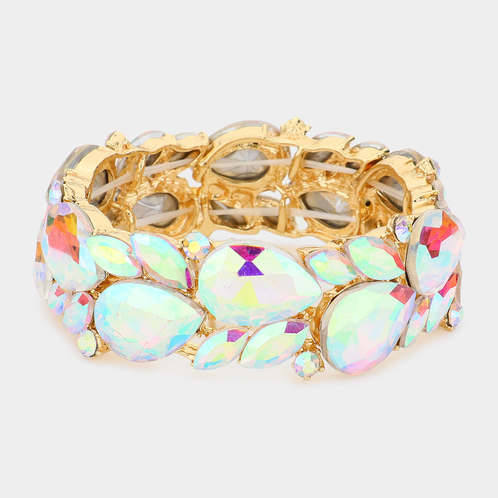 AB Teardrop and Marquise Stone Cluster Stretch Pageant Bracelet on Gold | Bling Chunky Bracelet