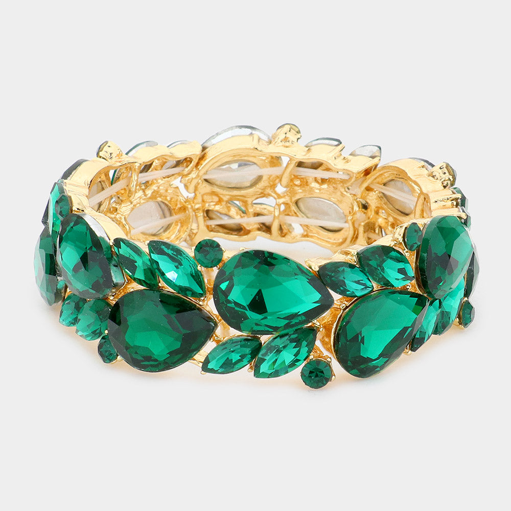 Emerald Teardrop and Marquise Stone Cluster Stretch Pageant Bracelet  | Bling Chunky Bracelet