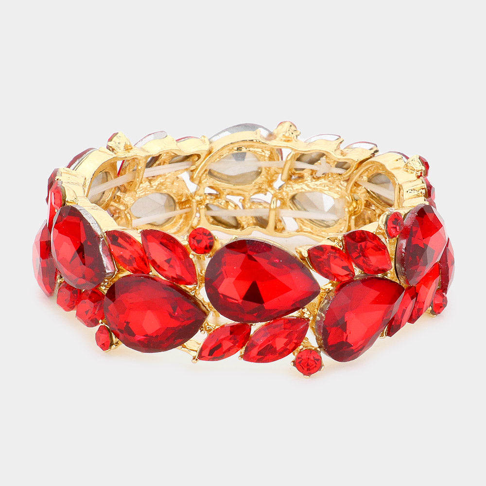 Red Teardrop and Marquise Stone Cluster Stretch Pageant Bracelet | Bling Chunky Bracelet