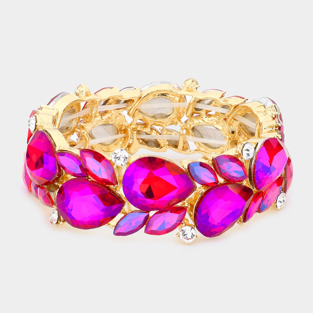 Purple AB Teardrop and Marquise Stone Cluster Stretch Pageant Bracelet | Bling Chunky Bracelet 