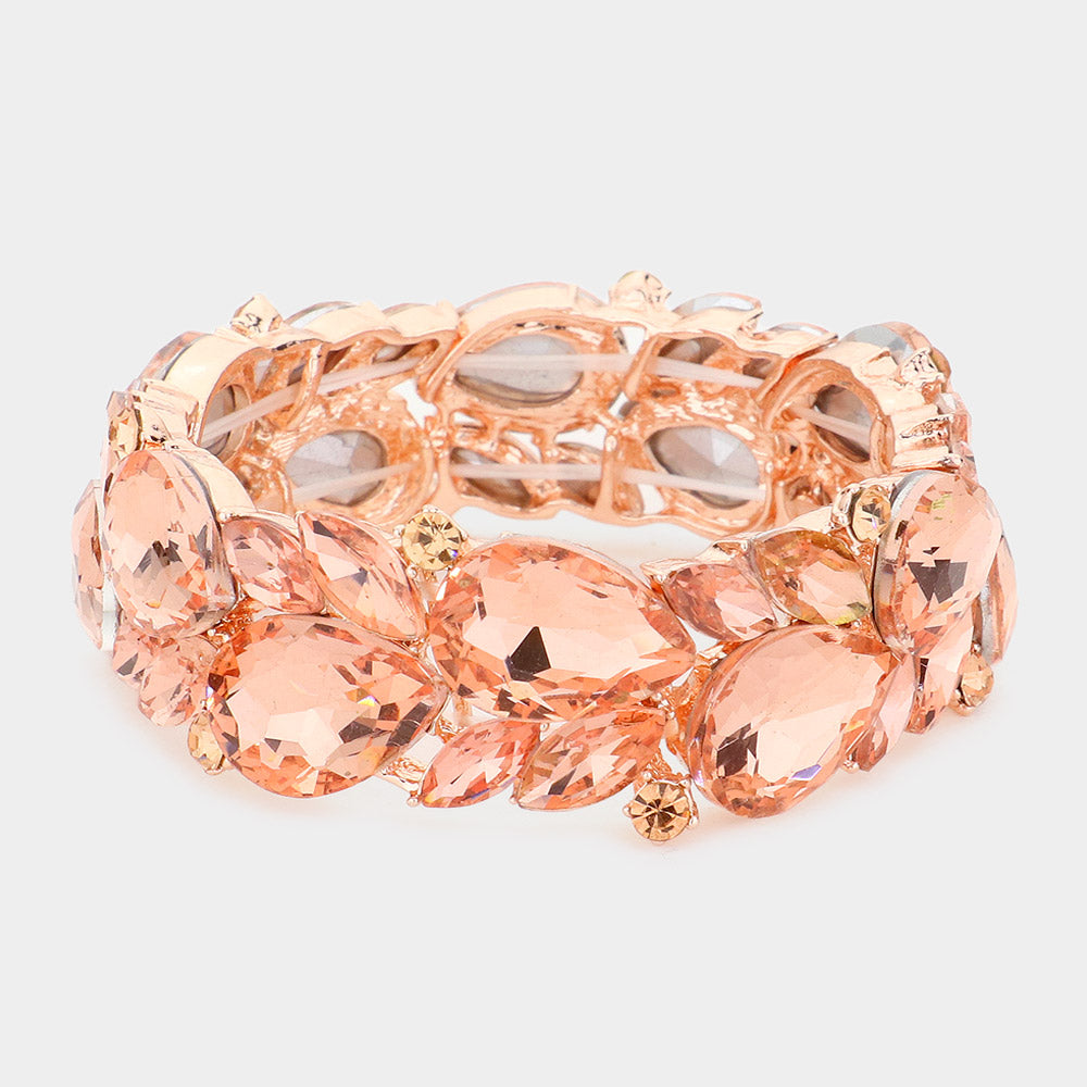 Peach Teardrop and Marquise Stone Cluster Stretch Pageant Bracelet | Bling Chunky Bracelet