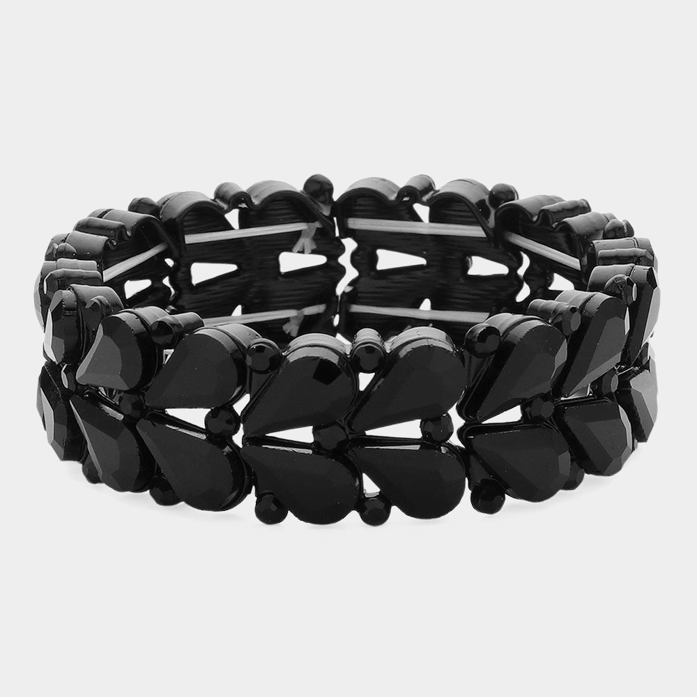 Jet Black Crystal Teardrop Cluster Pageant Stretch Bracelet | Black Crystal Stretch Bracelet