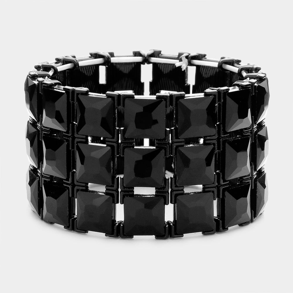 3 Row Black Square Stone Stretch Pageant Bracelet | Statement Jewelry