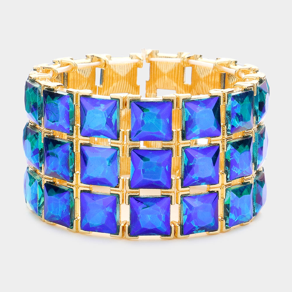 3 Row AB Blue Square Stone Stretch Pageant Bracelet | Statement Jewelry