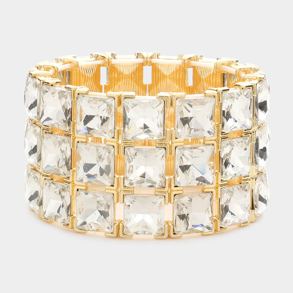 3 Row Clear Square Stone Stretch Pageant Bracelet on Gold | Statement Jewelry