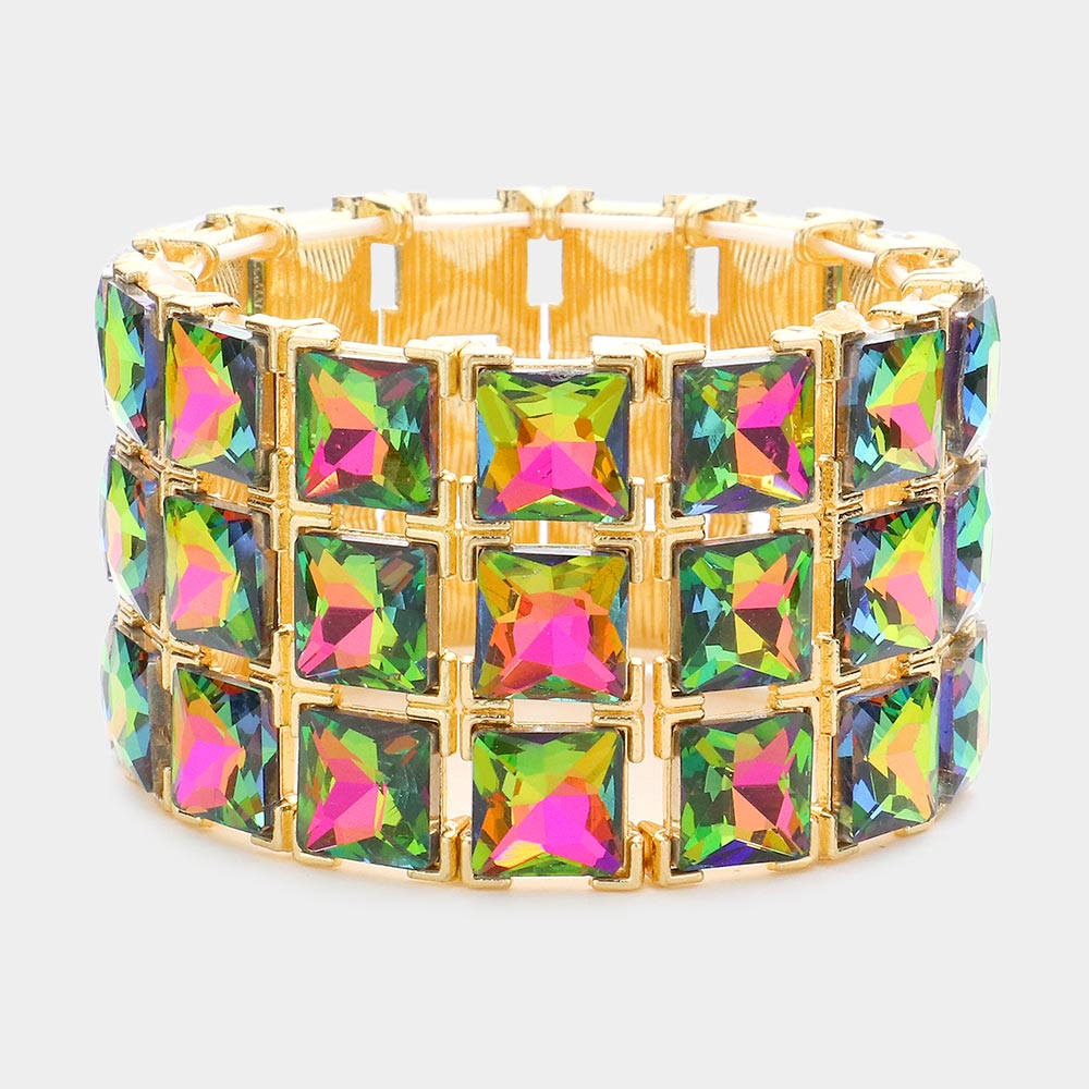 3 Row Multi-Color Square Stone Stretch Pageant Bracelet  | Statement Jewelry