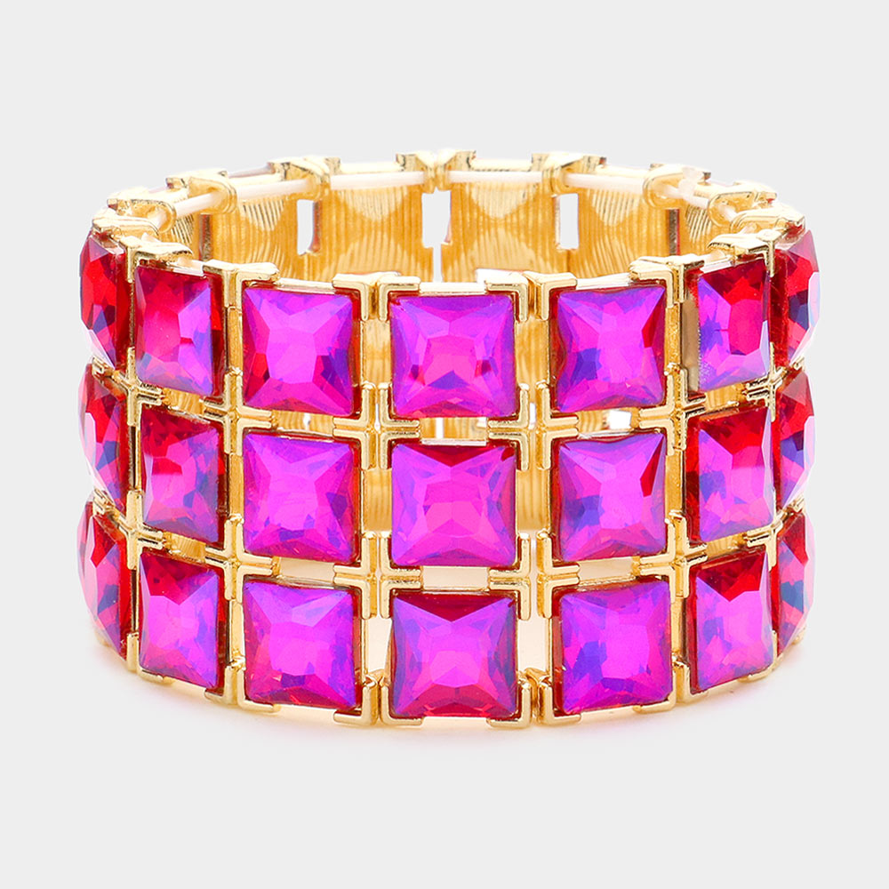 3 Row Purple AB Square Stone Stretch Pageant Bracelet  | Statement Jewelry