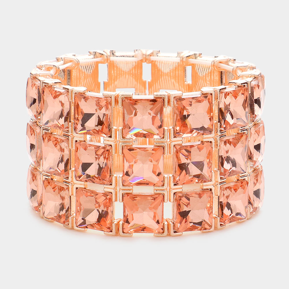 3 Row Peach Square Stone Stretch Pageant Bracelet on Rose Gold | Statement Jewelry