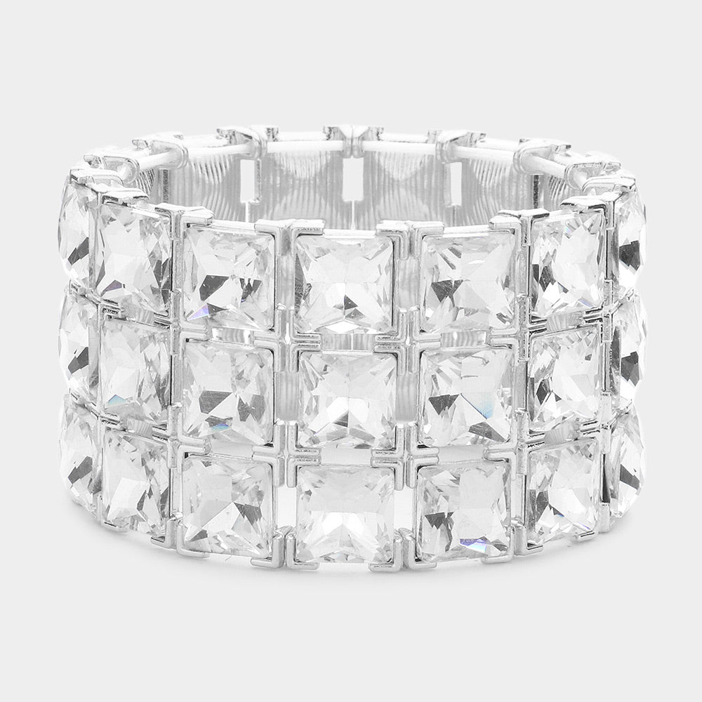 3 Row Clear Square Stone Stretch Pageant Bracelet  | Statement Jewelry