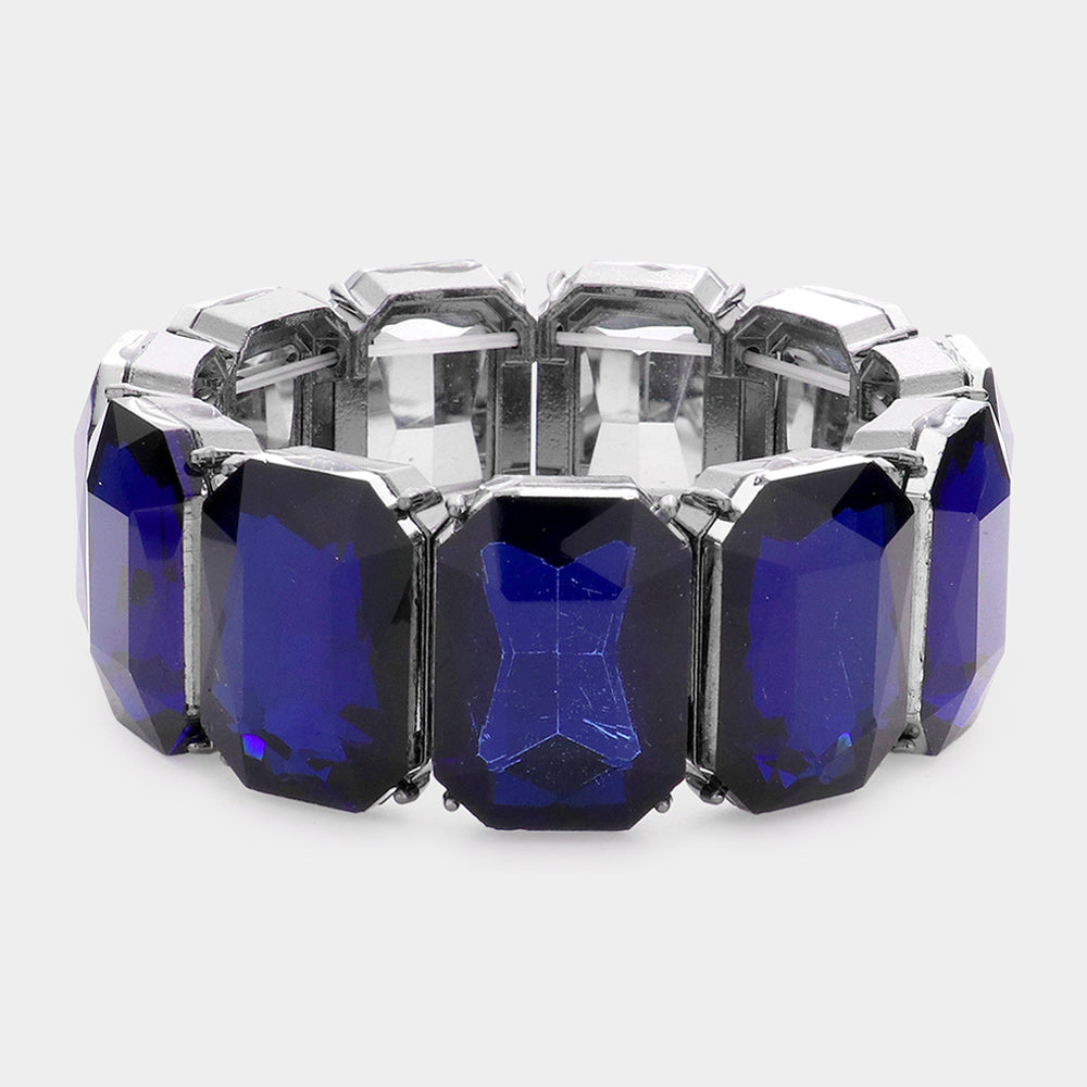 Navy Emerald Cut Stone Stretch Pageant Bracelet | Navy Evening Bracelet