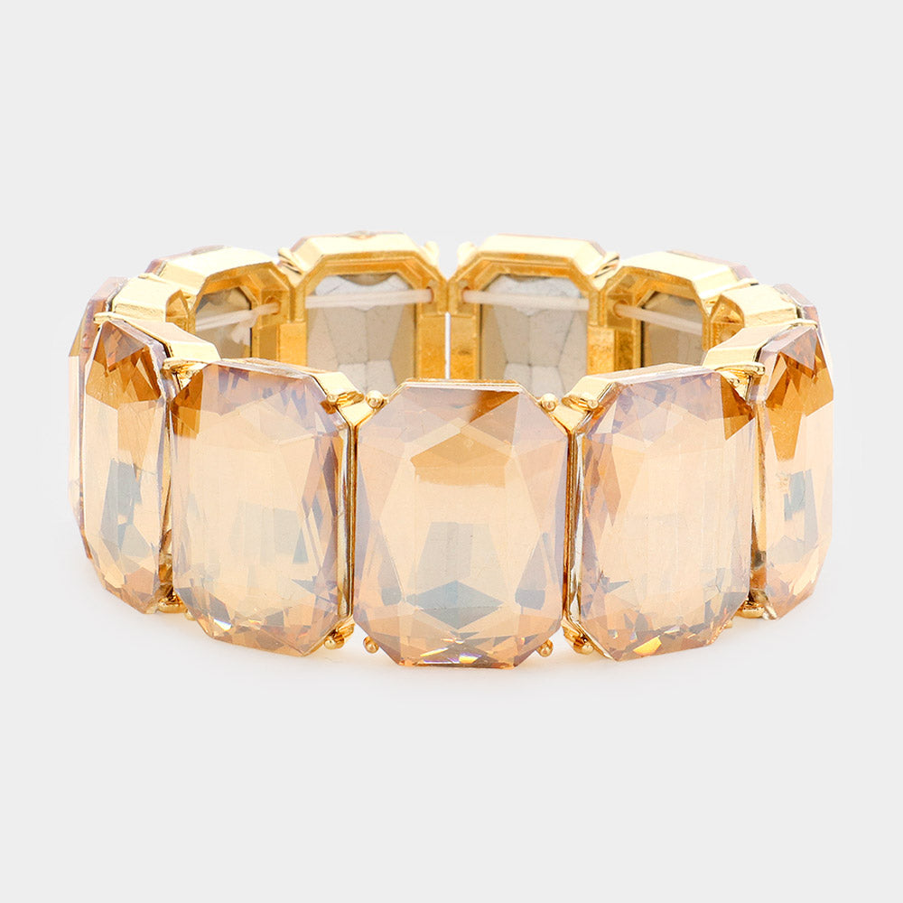 Light Topaz Emerald Cut Stone Stretch Pageant Bracelet | Gold Evening Bracelet