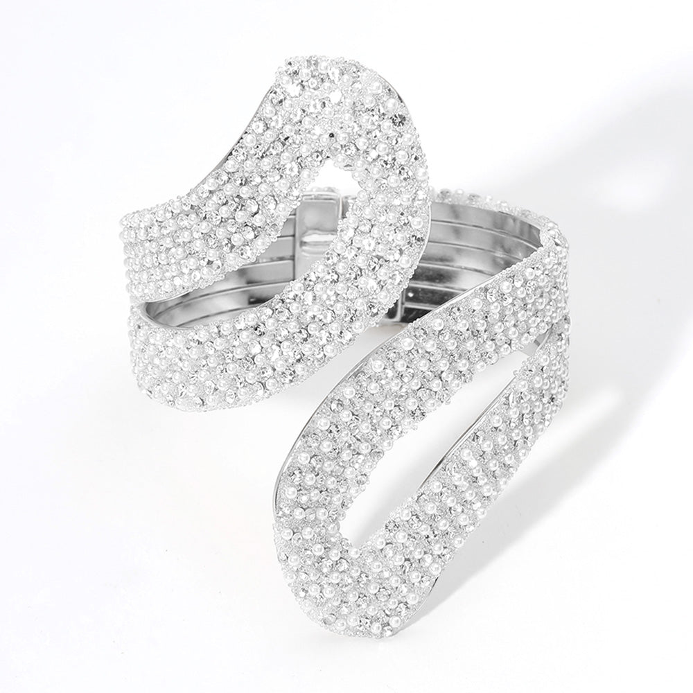 White Pearl and Rhinestone Hinged Evening Bracelet  | Pageant Bracelets