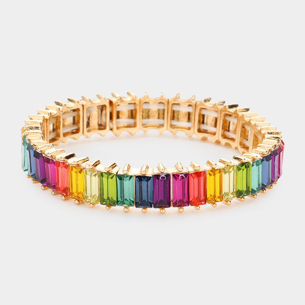 Rectangle Multi-Color Crystal Stone Stretch Pageant Bracelet | Evening Bracelet