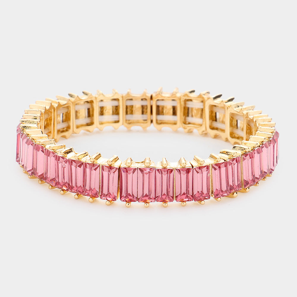 Rectangle Pink Crystal Stone Stretch Pageant Bracelet | Evening Bracelet