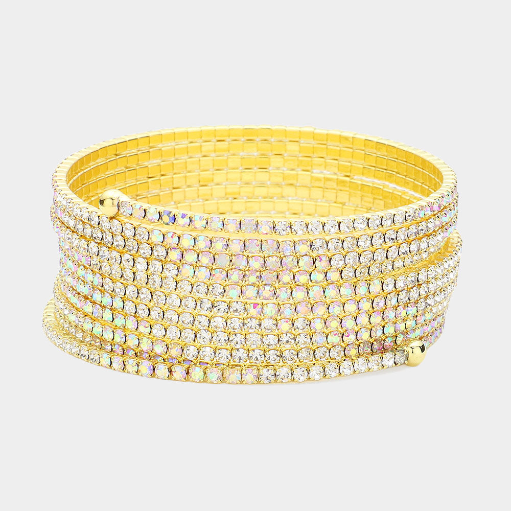 AB Crystal Rhinestone Coil Adjustable Bracelet on Gold