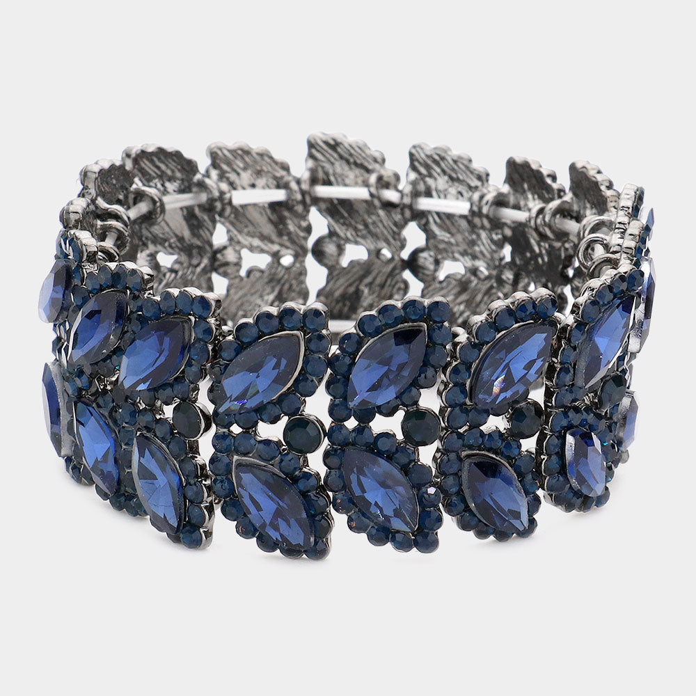 Navy Crystal Marquise Stone Stretch Pageant Bracelet  | Large Bracelet