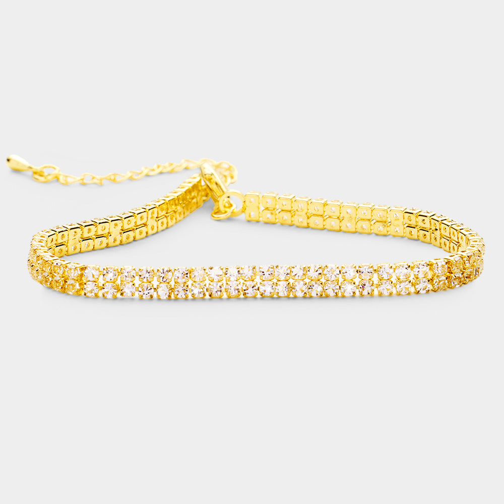 2 Row Rhinestone Tennis Bracelet on Gold | Evening Jewelry