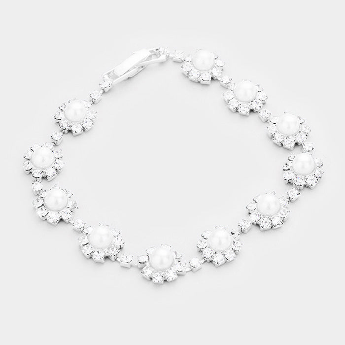 White Round Pearl & Crystal Rhinestone Rosette Evening Bracelet