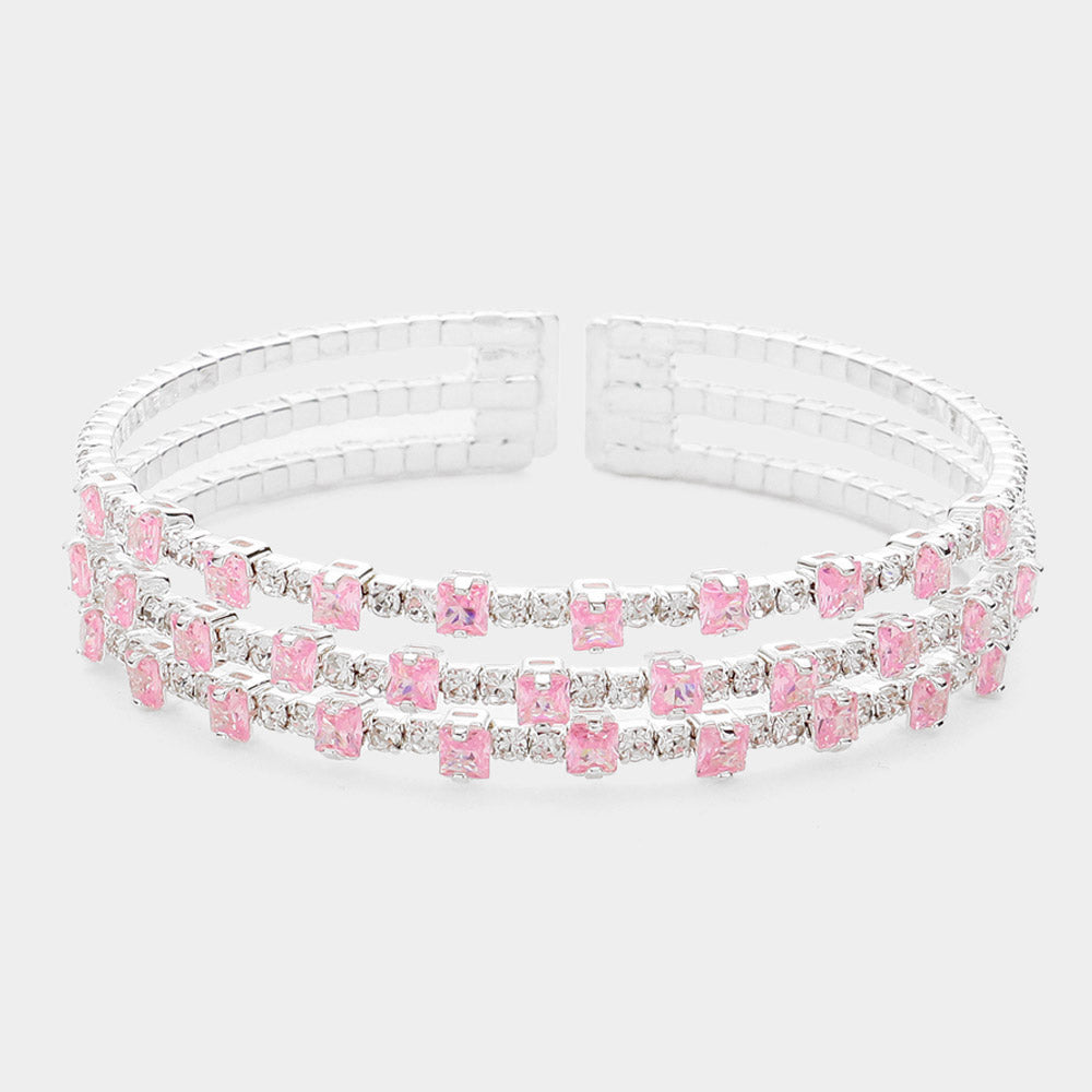 3-Row Pink CZ Rectangle and Rhinestone Pageant Cuff  Bracelet | Bracelets for Prom | 622972