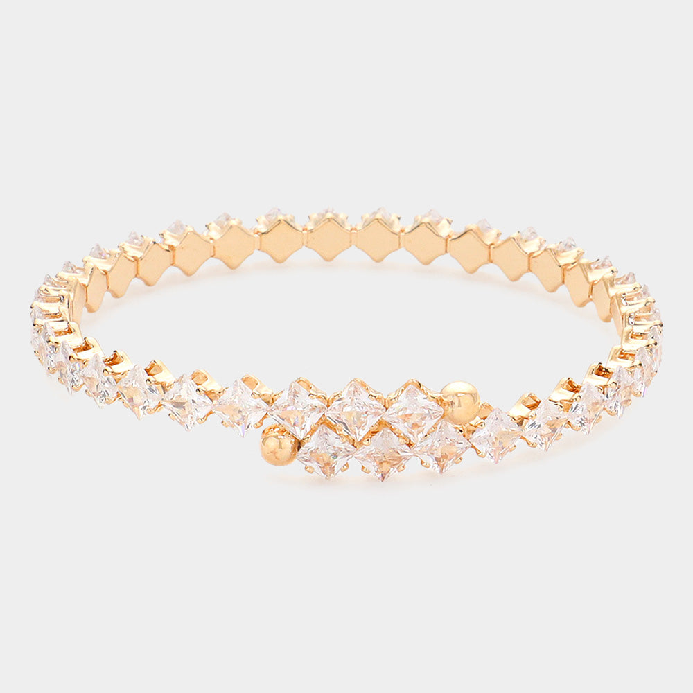 Clear CZ Square Cluster Pageant Bracelet on Gold| Amethyst Prom Bracelet