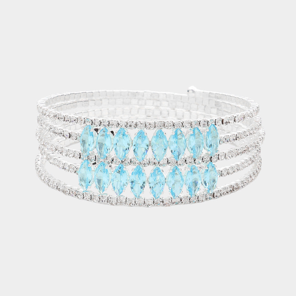 5-Row Aqua CZ Marquise and Rhinestone Adjustable Pageant Bracelet | Prom Bracelet