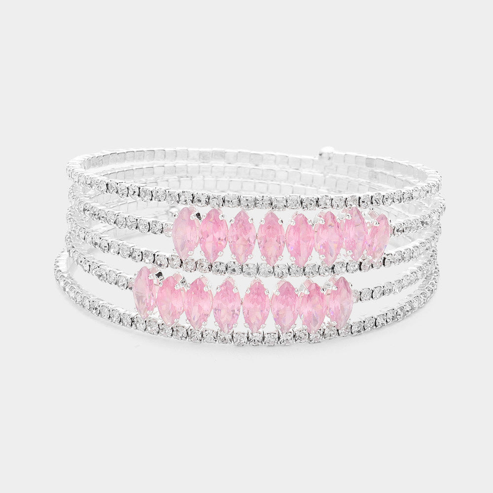 5-Row Pink CZ Marquise and Rhinestone Adjustable Pageant Bracelet  | Prom Bracelet