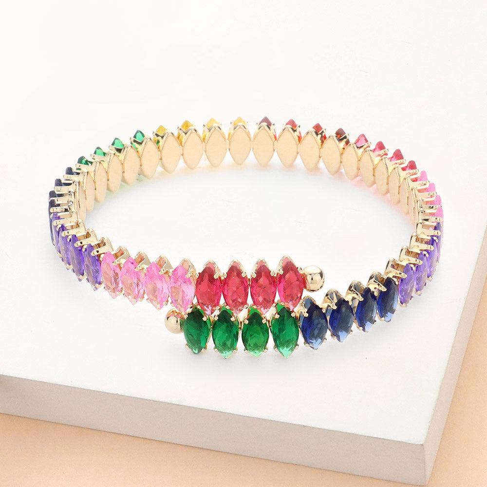 Adjustable Multi-Color Marquise Stone Pageant Bracelet on Gold | Prom Bracelet