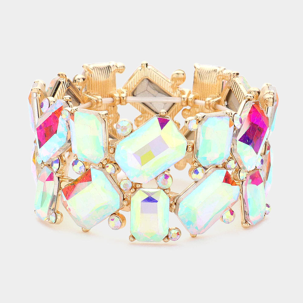AB Offset Rectangle Crystal Stretch Evening Bracelet on Gold| Chunky Bracelet |  623704