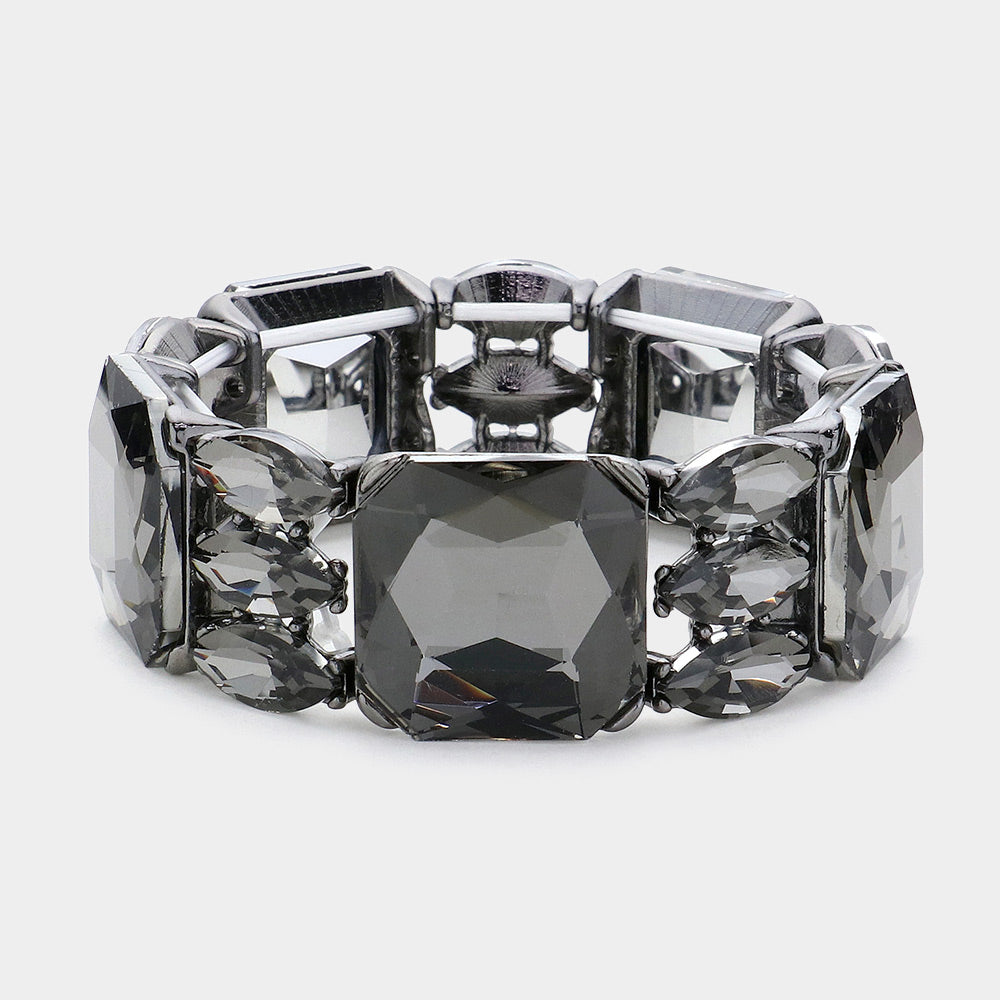 Black Diamond Rectangle and Marquise Stone Stretch Evening Bracelet | Chunky Bracelet