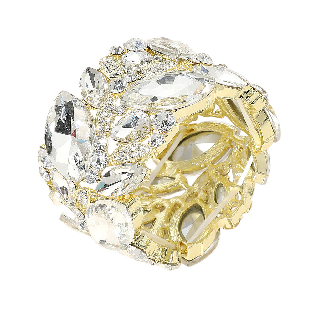 Clear Marquise and Multi Stone Cluster Stretch Pageant Bracelet on Gold | Chunky Bracelet | Evening Bracelet