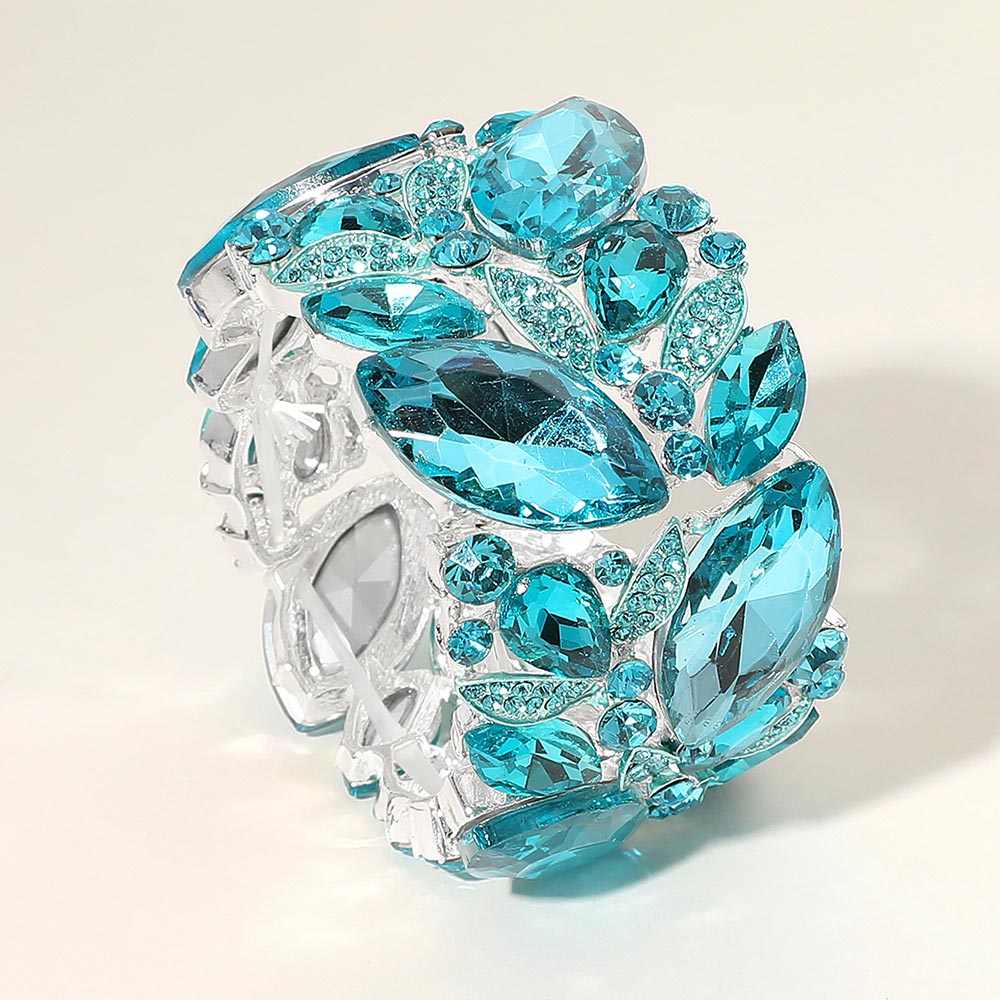 Aqua Marquise and Multi Stone Cluster Stretch Pageant Bracelet  | Chunky Bracelet | Evening Bracelet