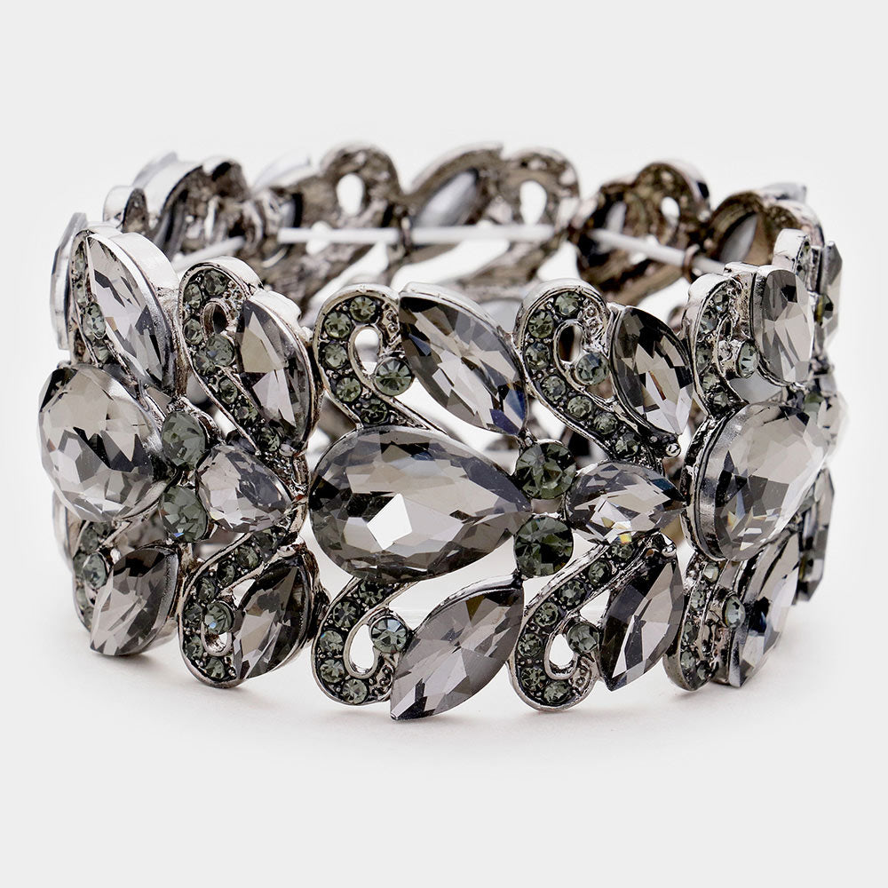 Black Diamond Chunky Crystal Teardrop Pageant Stretch Bracelet  | Prom Bracelet