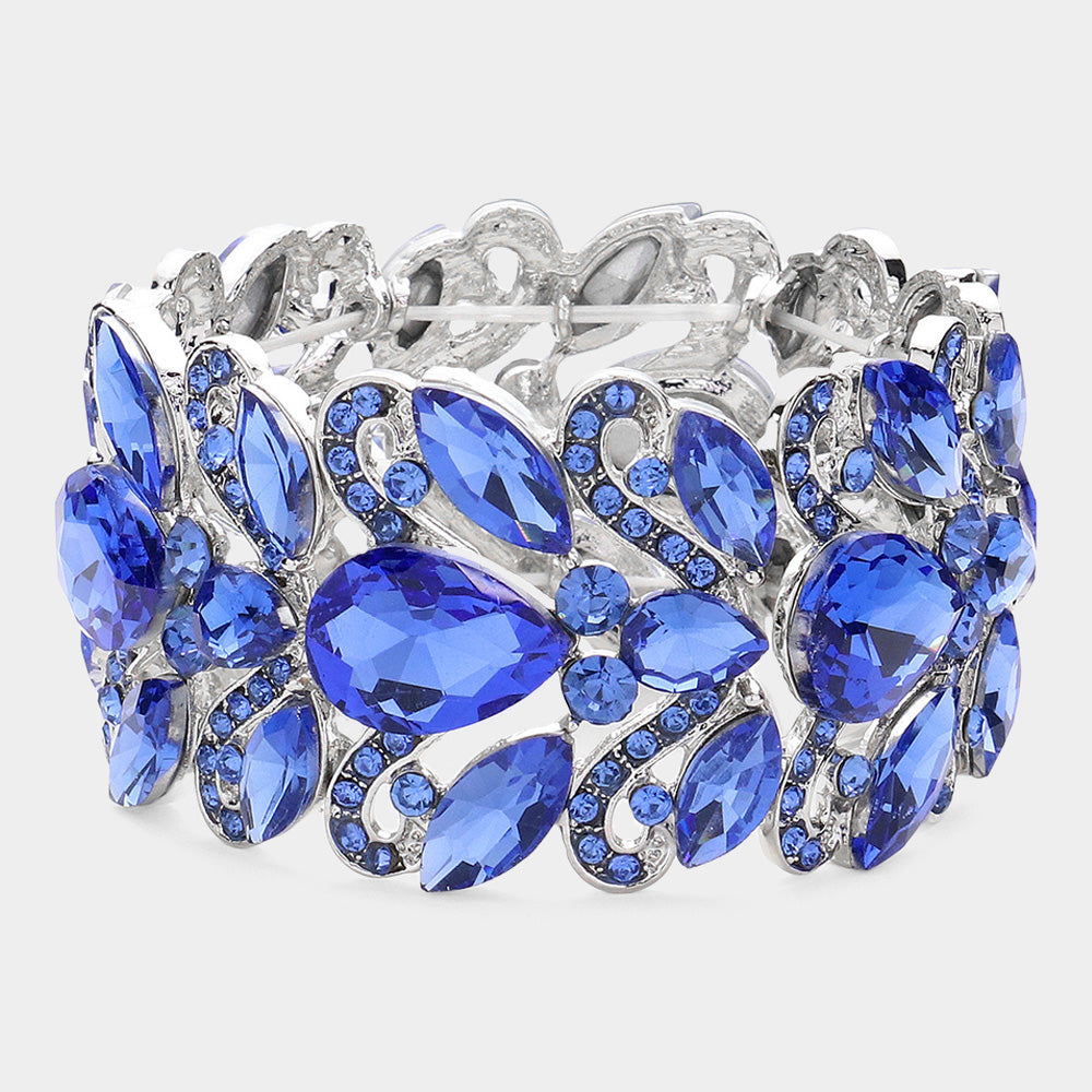 Light Blue Chunky Emerald Crystal Teardrop Pageant Stretch Bracelet  | Prom Bracelet