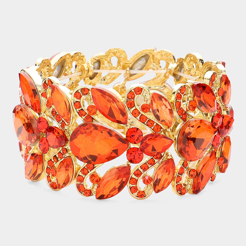 Orange Chunky Crystal Teardrop Pageant Stretch Bracelet  | Prom Bracelet 