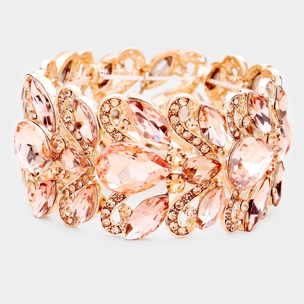Peach Chunky Crystal Teardrop Pageant Stretch Bracelet on Rose Gold  | Prom Bracelet