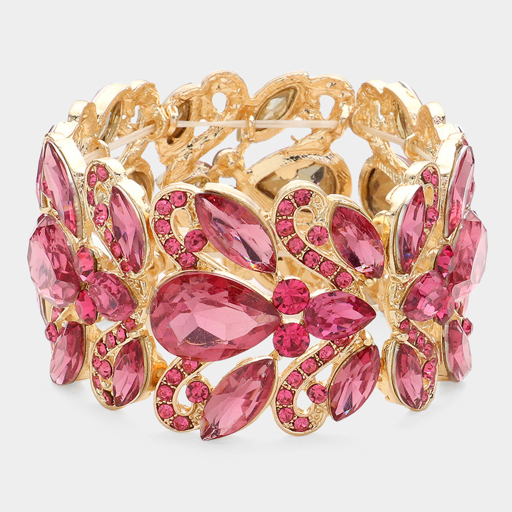Pink Chunky Crystal Teardrop Pageant Stretch Bracelet | Prom Bracelet