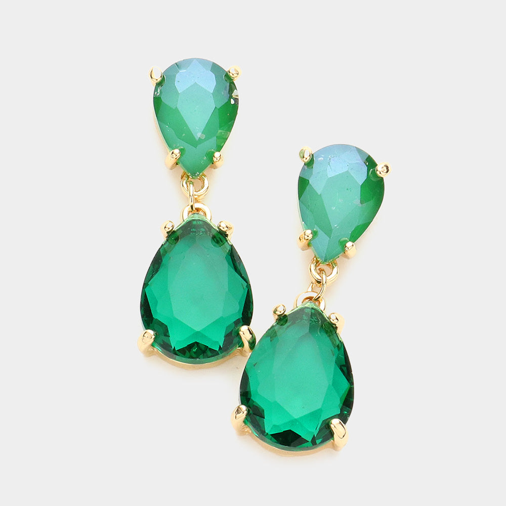 Small Emerald Double Teardrop Dangle Pageant Earrings | Interview Earrings 