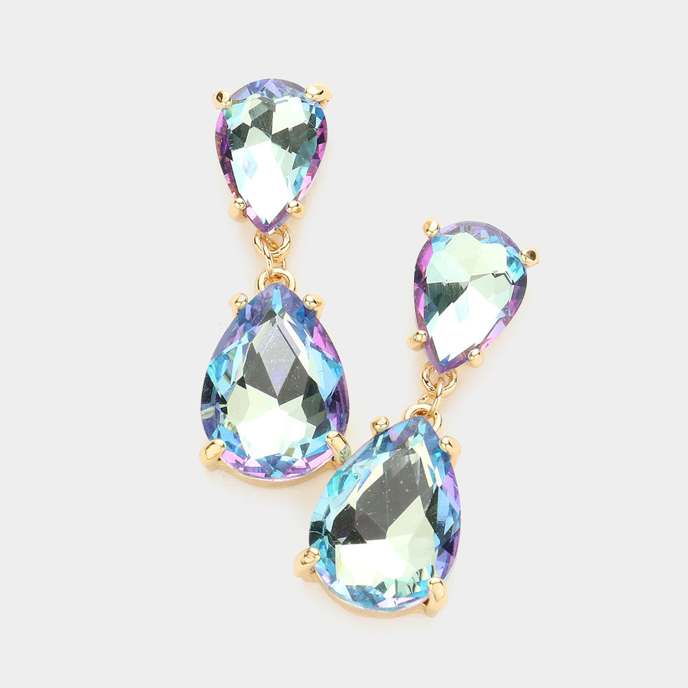 Small Aqua AB Double Teardrop Dangle Pageant Earrings | Interview Earrings
