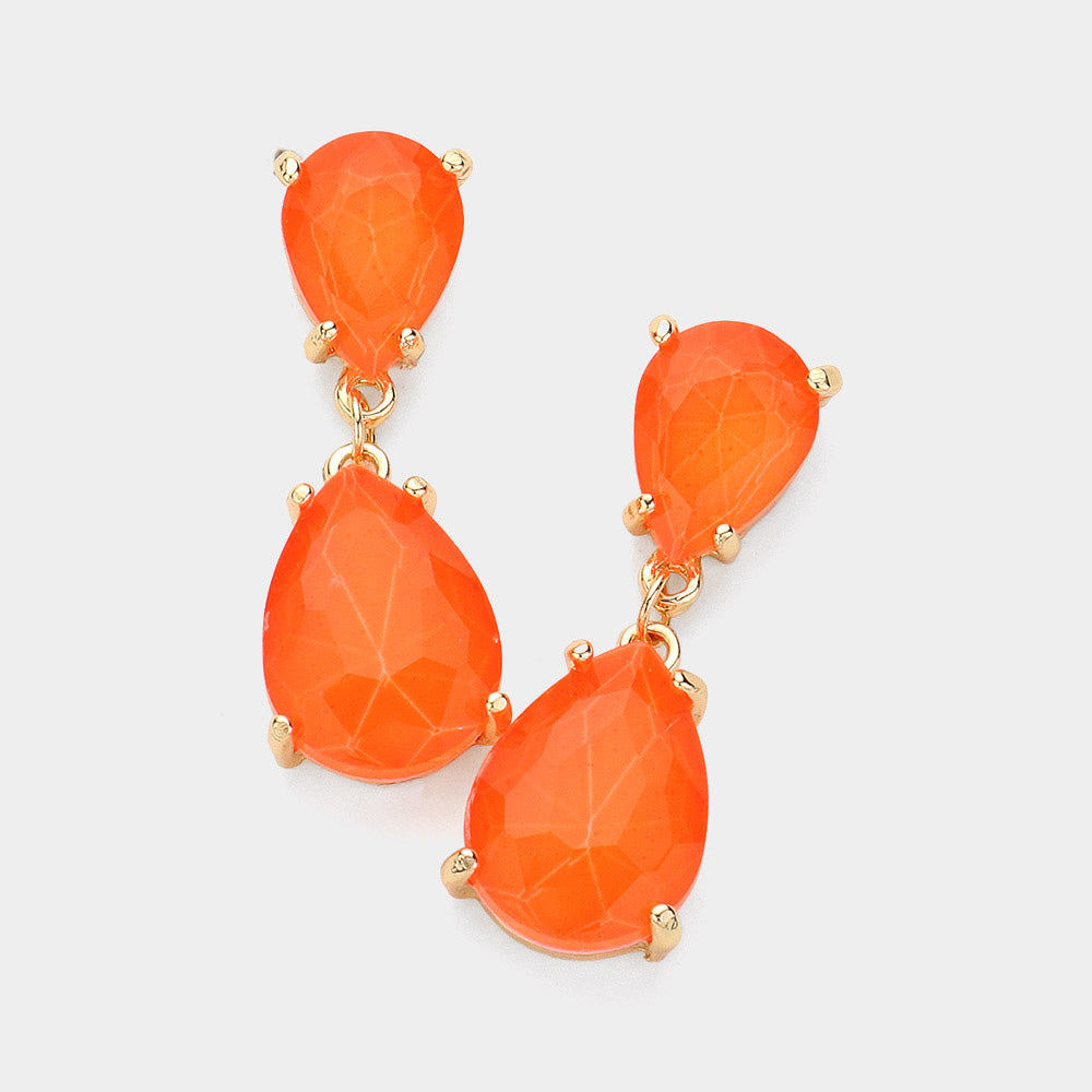 Small Neon Coral Double Teardrop Dangle Pageant Earrings | Interview Earrings 