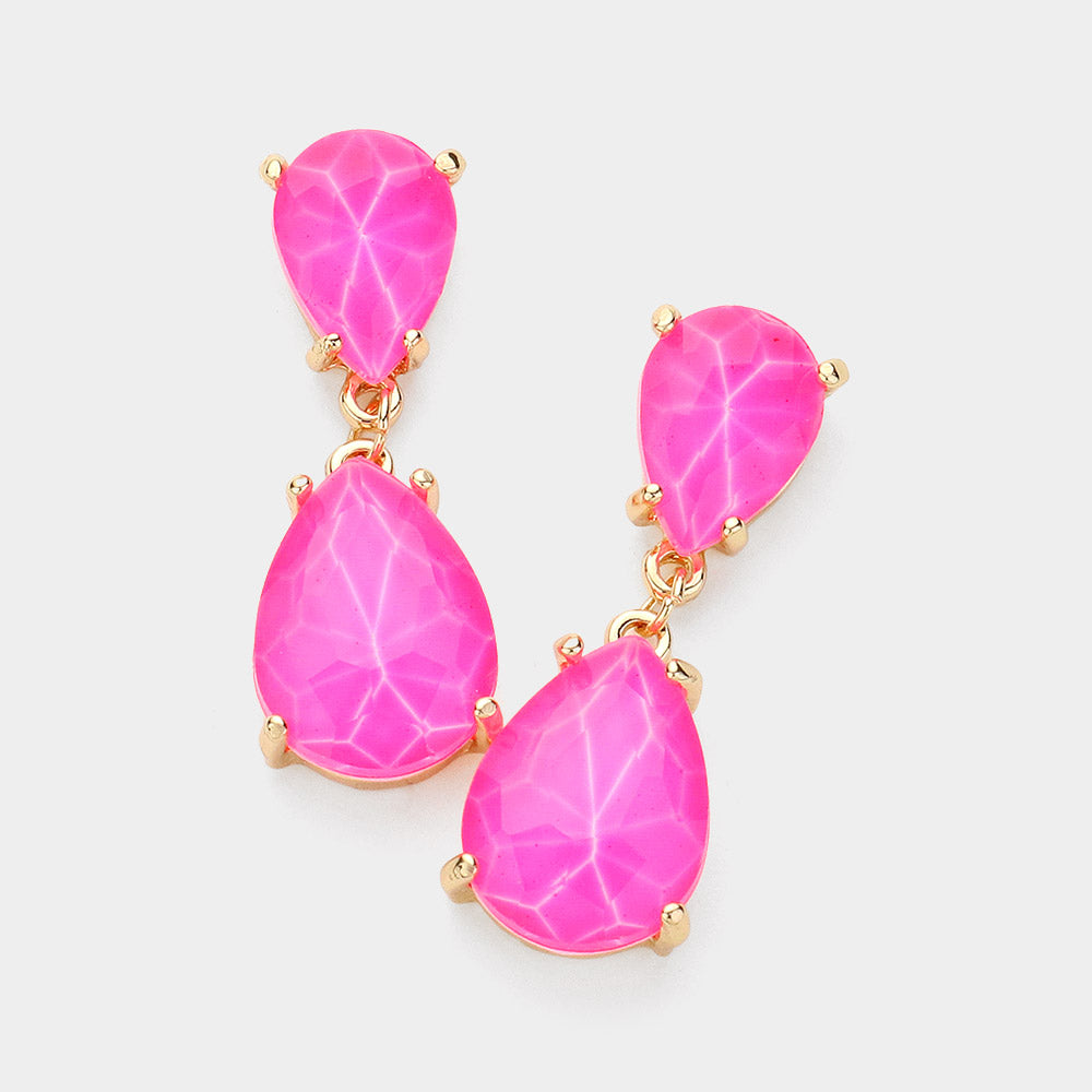 Small Neon Fuchsia Double Teardrop Dangle Pageant Earrings | Interview Earrings