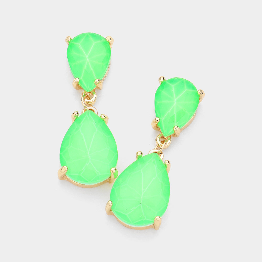 Small Neon Green Double Teardrop Dangle Pageant Earrings  | Interview Earrings
