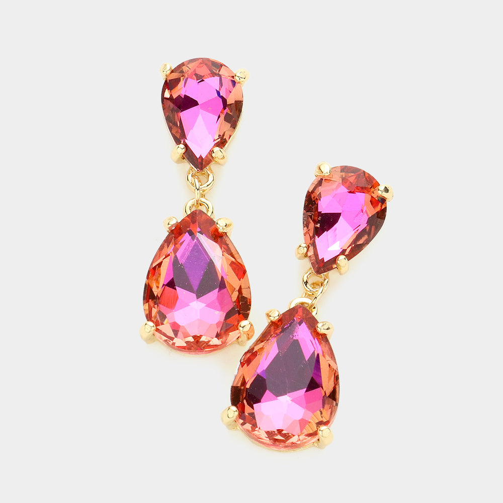 Small Pink AB Double Teardrop Dangle Pageant Earrings | Interview Earrings