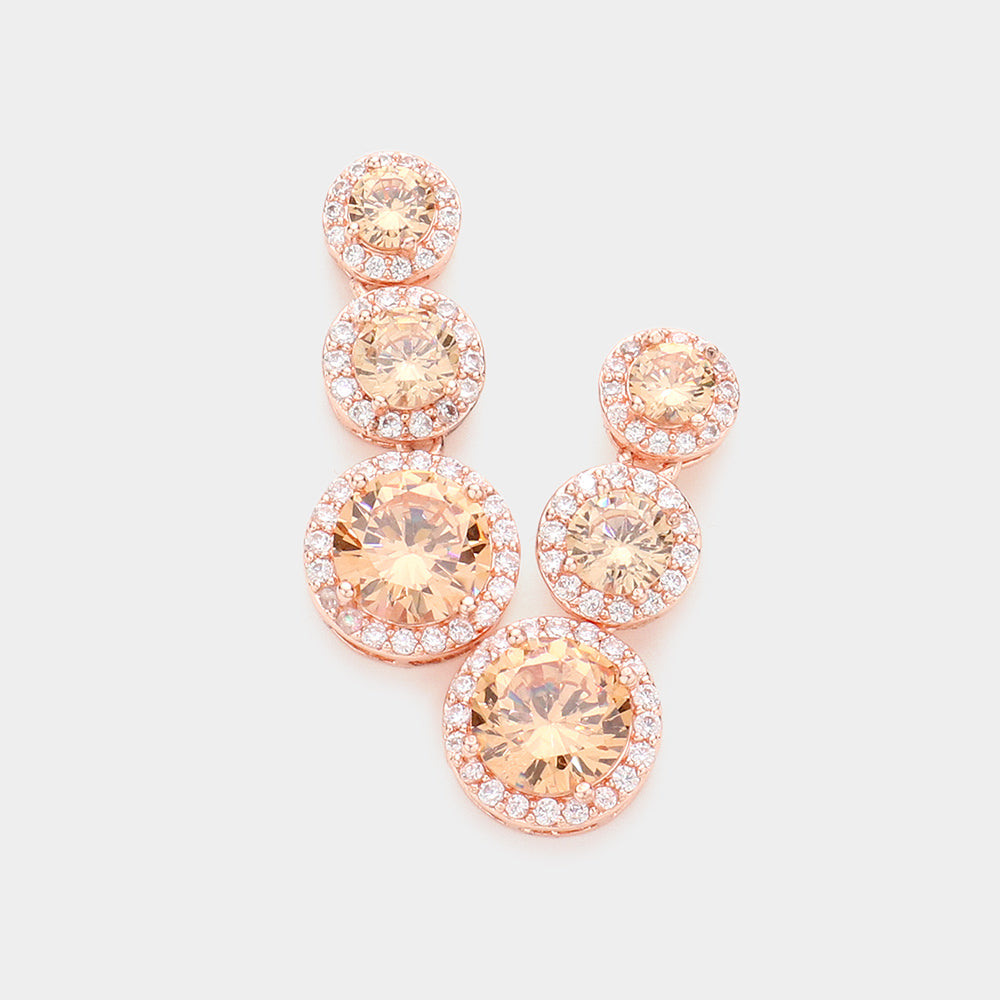 Small Triple Peach Round Stone Dangle Pageant Earrings | Prom Earrings