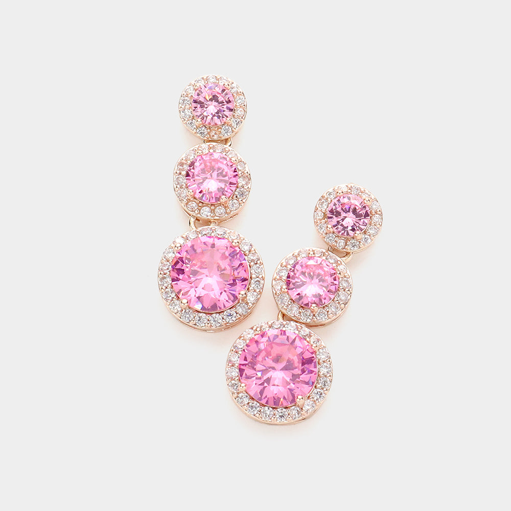 Small Triple Pink Round Stone Dangle Pageant Earrings | Prom Earrings