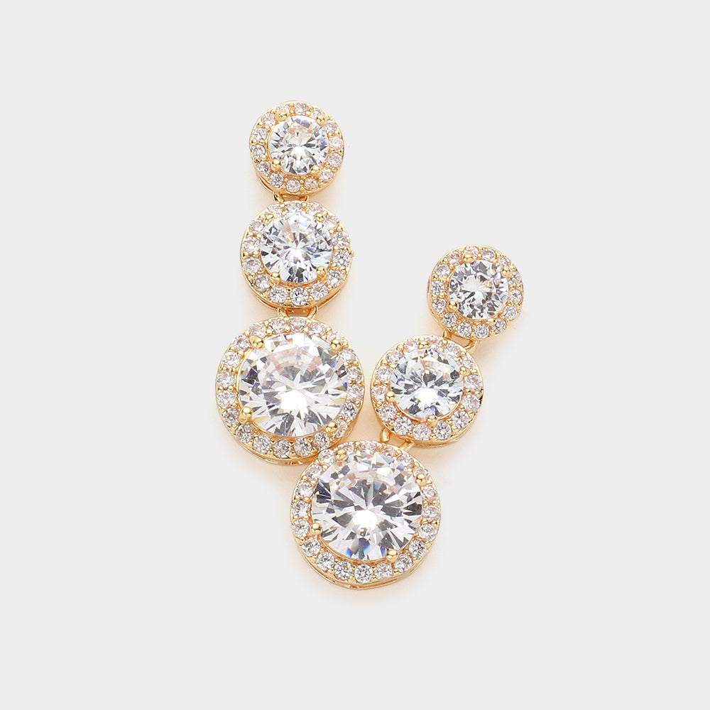 Small Triple Clear Round Stone Dangle Pageant Earrings on Gold | Prom Earrings