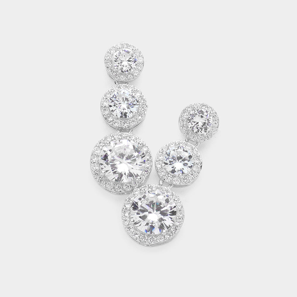 Small Triple Clear Round Stone Dangle Pageant Earrings | Prom Earrings