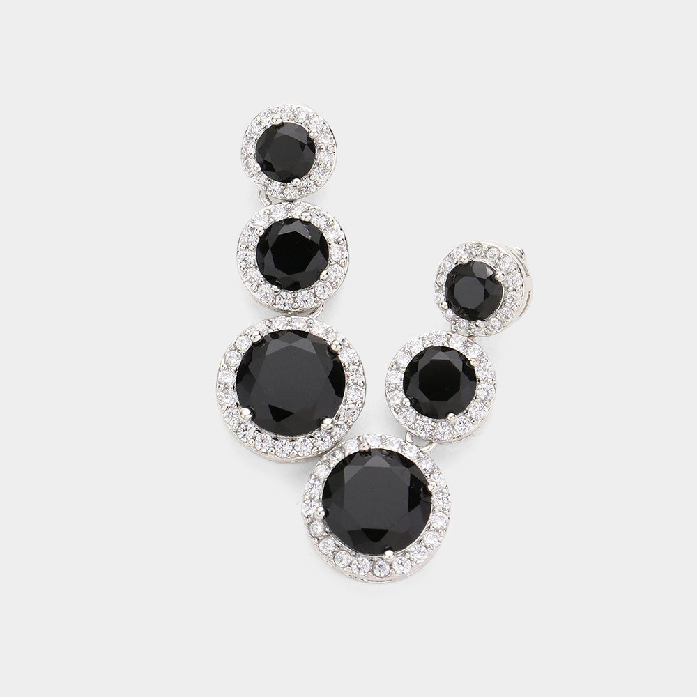 Small Triple Jet Black Round Stone Dangle Pageant Earrings | Prom Earrings