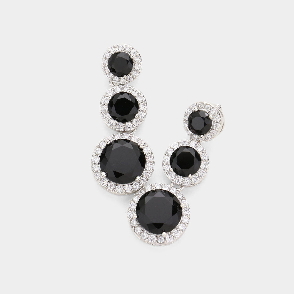 Small Triple Jet Black Round Stone Dangle Pageant Earrings | Prom Earrings 