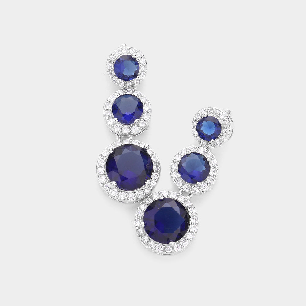 Small Triple Sapphire Round Stone Dangle Pageant Earrings | Prom Earrings